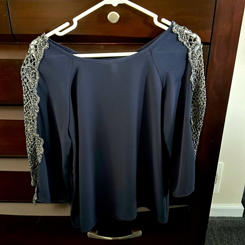 Dark blue blouse with gold embroidered sleeves